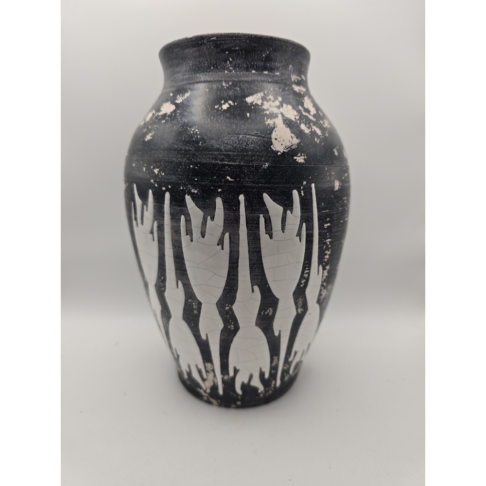 Vintage 9" Studio Pottery Vase - Black & White Abstract Graphic Sgraffito Vessel